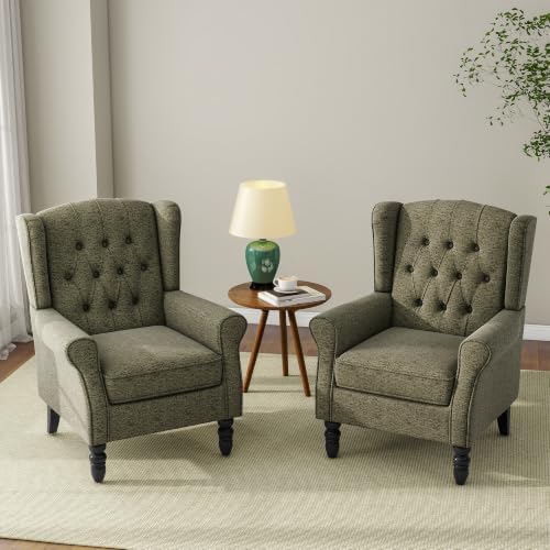 Wingback Accent Chairs Set of 2, Tufted High Back Armchair, Green in Green