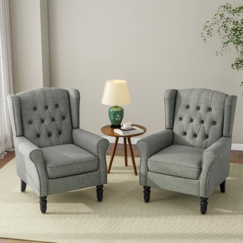 Wingback Accent Chairs Set of 2, Tufted High Back Armchair, Grey in Grey