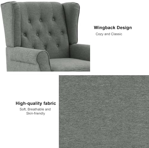 Wingback Accent Chairs Set of 2, Tufted High Back Armchair, Grey in Grey, alternate view 3