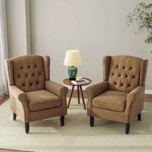 Wingback Accent Chairs Set of 2, Tufted High Back Armchair, Light Brown in Light Brown