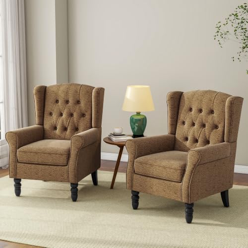 Wingback Accent Chairs Set of 2, Tufted High Back Armchair, Light Brown in Light Brown, alternate view 6