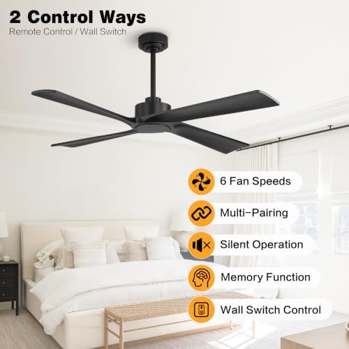 WINGBO 48 Inch DC Ceiling Fan without Lights, 4 Carved Solid Wood Blades, 6-Speed Reversible DC Motor, Modern, alternate view
