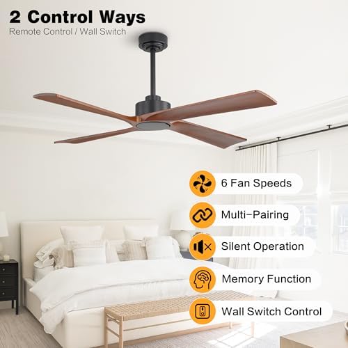 WINGBO 48 Inch DC Ceiling Fan Without Lights, 4 Carved Solid Wood Blades, 6-Speed Reversible DC Motor, Modern, alternate view