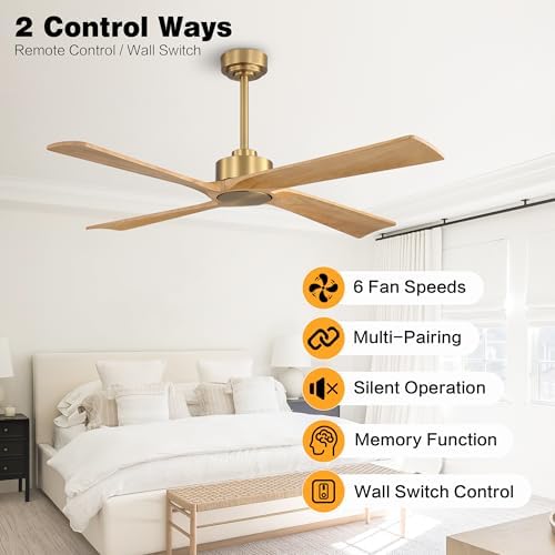 WINGBO 48 Inch DC Ceiling Fan Without Lights, 4 Carved Solid Wood Blades, 6-Speed Reversible DC Motor, Modern, alternate view