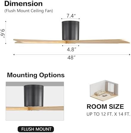 WINGBO 48 Inch Flush Mount DC Ceiling Fan Without Lights, 5 Carved Wood Blades, 6-Speed Reversible DC Motor, Low, alternate