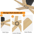 WINGBO 48 Inch Flush Mount DC Ceiling Fan Without Lights, 5 Carved Wood Blades, 6-Speed Reversible DC Motor, Low, alternate