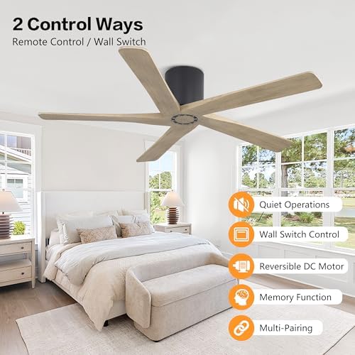 WINGBO 48 Inch Flush Mount DC Ceiling Fan Without Lights, 5 Carved Wood Blades, 6-Speed Reversible DC Motor, Low, alternate