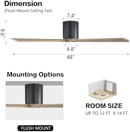 WINGBO 48 Inch Flush Mount DC Ceiling Fan Without Lights, 5 Carved Wood Blades, 6-Speed Reversible DC Motor, Low, alternate