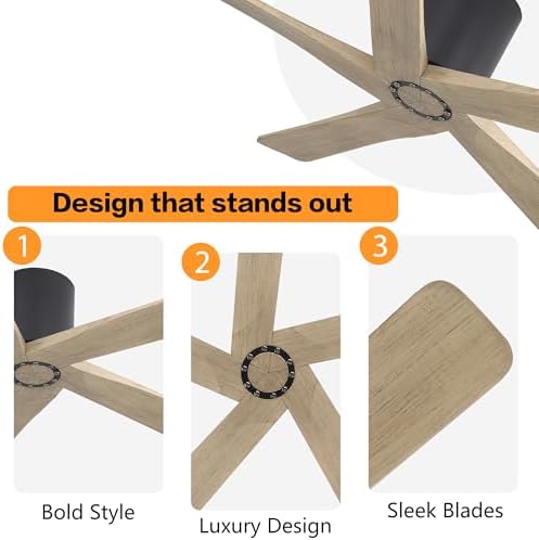 WINGBO 48 Inch Flush Mount DC Ceiling Fan Without Lights, 5 Carved Wood Blades, 6-Speed Reversible DC Motor, Low, alternate
