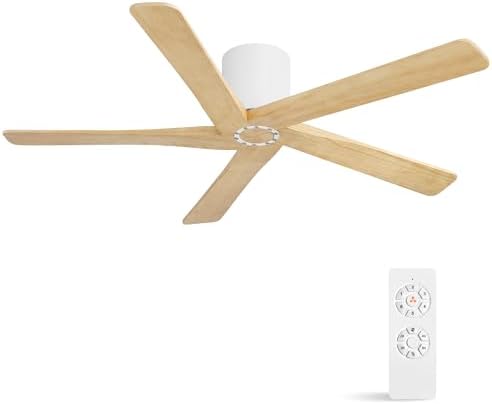WINGBO 48 Inch Flush Mount DC Ceiling Fan without Lights, 5 Carved Wood Blades, 6-Speed Reversible DC Motor, Low