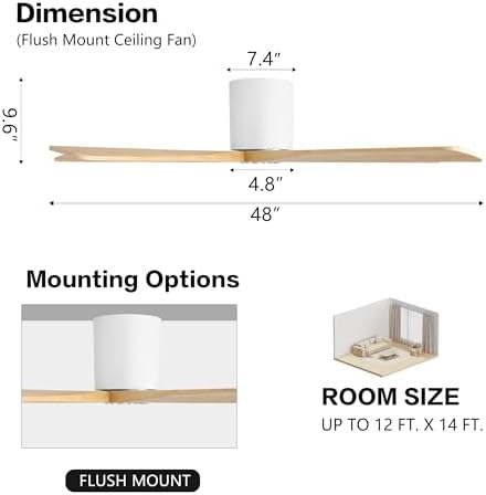 WINGBO 48 Inch Flush Mount DC Ceiling Fan without Lights, 5 Carved Wood Blades, 6-Speed Reversible DC Motor, Low, alternate