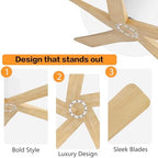 WINGBO 48 Inch Flush Mount DC Ceiling Fan without Lights, 5 Carved Wood Blades, 6-Speed Reversible DC Motor, Low, alternate