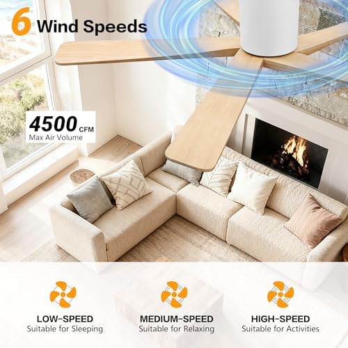 WINGBO 48 Inch Flush Mount DC Ceiling Fan without Lights, 5 Carved Wood Blades, 6-Speed Reversible DC Motor, Low, alternate