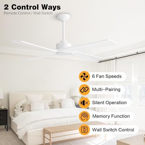 WINGBO 54 Inch DC Ceiling Fan Without Lights, 4 Carved Solid Wood Blades, 6-Speed Reversible DC Motor, Modern, alternate view