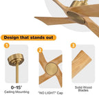 WINGBO 54 Inch DC Ceiling Fan Without Lights, 4 Carved Solid Wood Blades, 6-Speed Reversible DC Motor, Modern, alternate view