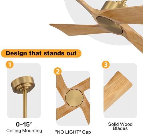 WINGBO 54 Inch DC Ceiling Fan Without Lights, 4 Carved Solid Wood Blades, 6-Speed Reversible DC Motor, Modern, alternate view