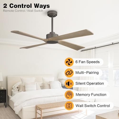 WINGBO 54 Inch DC Ceiling Fan without Lights, 4 Carved Solid Wood Blades, 6-Speed Reversible DC Motor, Modern, alternate view