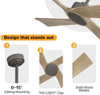 WINGBO 54 Inch DC Ceiling Fan without Lights, 4 Carved Solid Wood Blades, 6-Speed Reversible DC Motor, Modern, alternate view