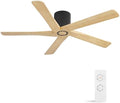 WINGBO 54 Inch Flush Mount DC Ceiling Fan Without Lights, 5 Carved Wood Blades, 6-Speed Reversible DC Motor, Low