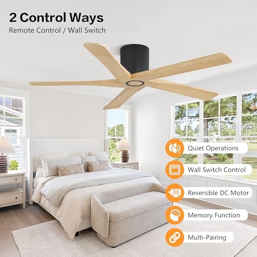 WINGBO 54 Inch Flush Mount DC Ceiling Fan Without Lights, 5 Carved Wood Blades, 6-Speed Reversible DC Motor, Low, alternate