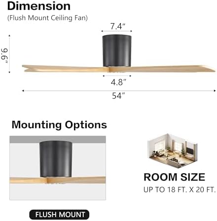 WINGBO 54 Inch Flush Mount DC Ceiling Fan Without Lights, 5 Carved Wood Blades, 6-Speed Reversible DC Motor, Low, alternate
