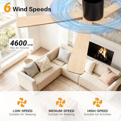 WINGBO 54 Inch Flush Mount DC Ceiling Fan Without Lights, 5 Carved Wood Blades, 6-Speed Reversible DC Motor, Low, alternate