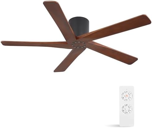 WINGBO 54 Inch Flush Mount DC Ceiling Fan Without Lights, 5 Carved Wood Blades, 6-Speed Reversible DC Motor, Low