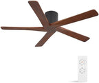 WINGBO 54 Inch Flush Mount DC Ceiling Fan Without Lights, 5 Carved Wood Blades, 6-Speed Reversible DC Motor, Low
