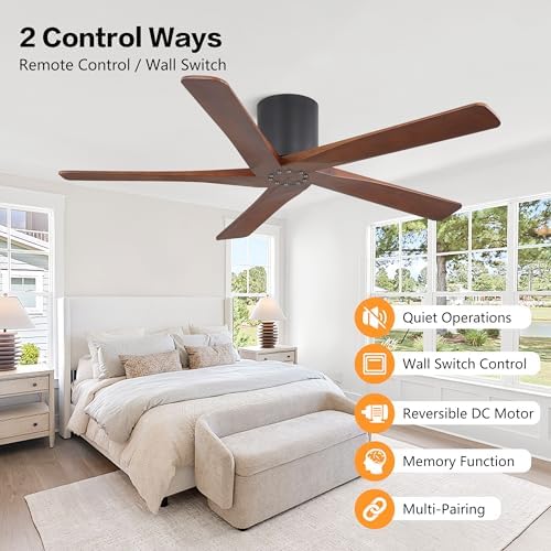 WINGBO 54 Inch Flush Mount DC Ceiling Fan Without Lights, 5 Carved Wood Blades, 6-Speed Reversible DC Motor, Low, alternate