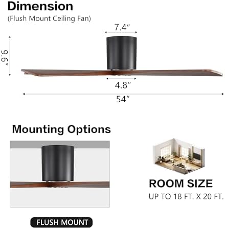 WINGBO 54 Inch Flush Mount DC Ceiling Fan Without Lights, 5 Carved Wood Blades, 6-Speed Reversible DC Motor, Low, alternate