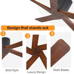 WINGBO 54 Inch Flush Mount DC Ceiling Fan Without Lights, 5 Carved Wood Blades, 6-Speed Reversible DC Motor, Low, alternate