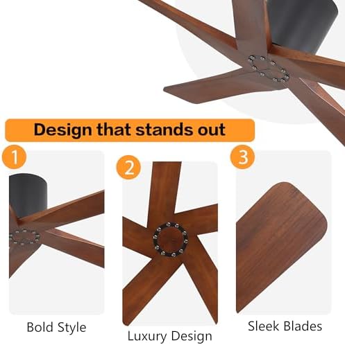 WINGBO 54 Inch Flush Mount DC Ceiling Fan Without Lights, 5 Carved Wood Blades, 6-Speed Reversible DC Motor, Low, alternate