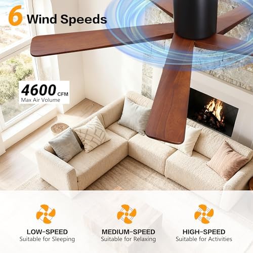 WINGBO 54 Inch Flush Mount DC Ceiling Fan Without Lights, 5 Carved Wood Blades, 6-Speed Reversible DC Motor, Low, alternate