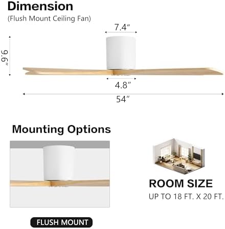 WINGBO 54 Inch Flush Mount DC Ceiling Fan without Lights, 5 Carved Wood Blades, 6-Speed Reversible DC Motor, Low, alternate