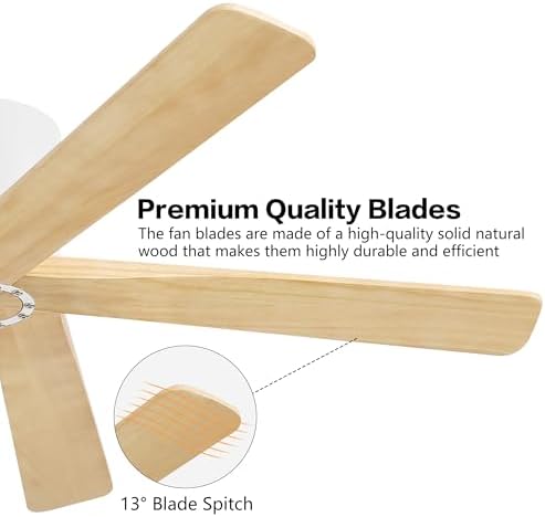 WINGBO 54 Inch Flush Mount DC Ceiling Fan without Lights, 5 Carved Wood Blades, 6-Speed Reversible DC Motor, Low, alternate