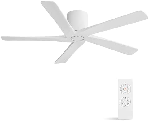 WINGBO 54 Inch Flush Mount DC Ceiling Fan Without Lights, 5 Carved Wood Blades, 6-Speed Reversible DC Motor, Low