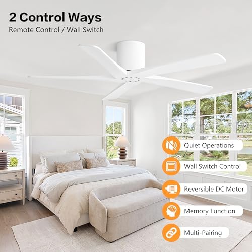 WINGBO 54 Inch Flush Mount DC Ceiling Fan Without Lights, 5 Carved Wood Blades, 6-Speed Reversible DC Motor, Low, alternate