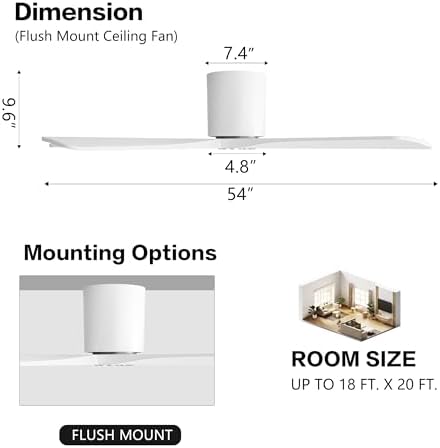 WINGBO 54 Inch Flush Mount DC Ceiling Fan Without Lights, 5 Carved Wood Blades, 6-Speed Reversible DC Motor, Low, alternate
