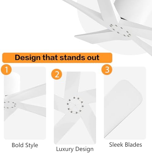 WINGBO 54 Inch Flush Mount DC Ceiling Fan Without Lights, 5 Carved Wood Blades, 6-Speed Reversible DC Motor, Low, alternate