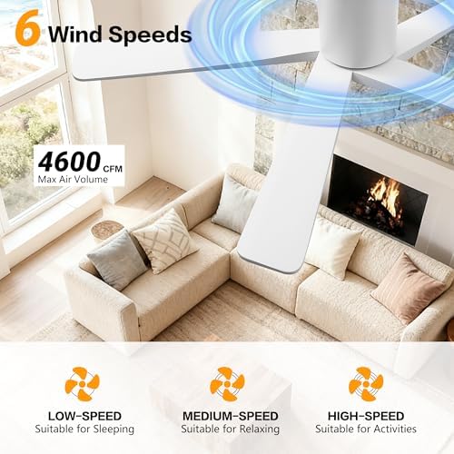WINGBO 54 Inch Flush Mount DC Ceiling Fan Without Lights, 5 Carved Wood Blades, 6-Speed Reversible DC Motor, Low, alternate