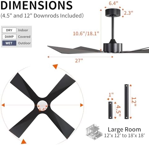WINGBO 54" Wet Rated Outdoor Ceiling Fan with Lights, 4 ABS Plastic Blades, Reversible DC Motor, 6-Speed Remote, alternate