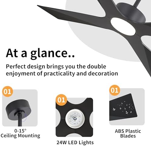 WINGBO 54" Wet Rated Outdoor Ceiling Fan with Lights, 4 ABS Plastic Blades, Reversible DC Motor, 6-Speed Remote, alternate