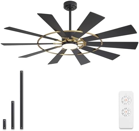 WINGBO 72" Windmill Ceiling Fan with Lights, 3 Downrod, 6-Speed Reversible DC Motor, 3CCT, 10 Blade Indoor