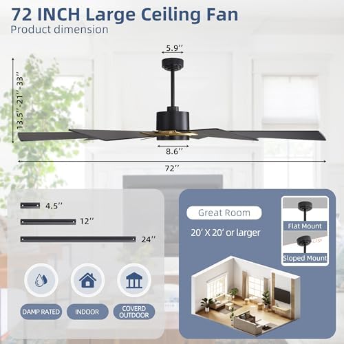 WINGBO 72" Windmill Ceiling Fan with Lights, 3 Downrod, 6-Speed Reversible DC Motor, 3CCT, 10 Blade Indoor, alternate view 4