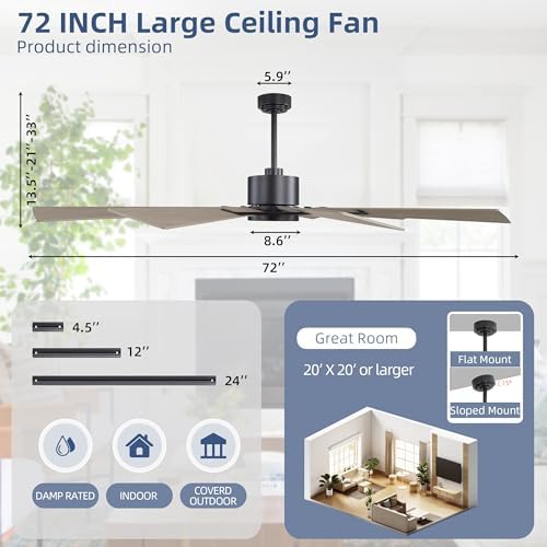 WINGBO 72" Windmill Ceiling Fan with Lights, 3 Downrod, 6-Speed Reversible DC Motor, 3CCT, 10 Blade Indoor, alternate view 4
