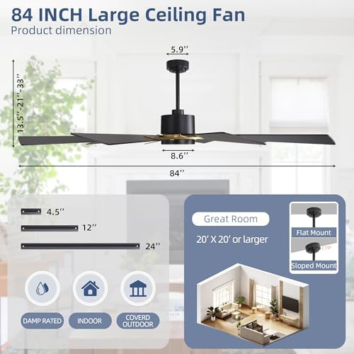 WINGBO 84" Windmill Ceiling Fan with Lights, 3 Downrod, 6-Speed Reversible DC Motor, 3CCT, 10 Blade Indoor, alternate view 4