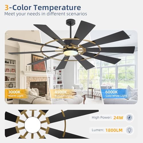 WINGBO 84" Windmill Ceiling Fan with Lights, 3 Downrod, 6-Speed Reversible DC Motor, 3CCT, 10 Blade Indoor, alternate view 5