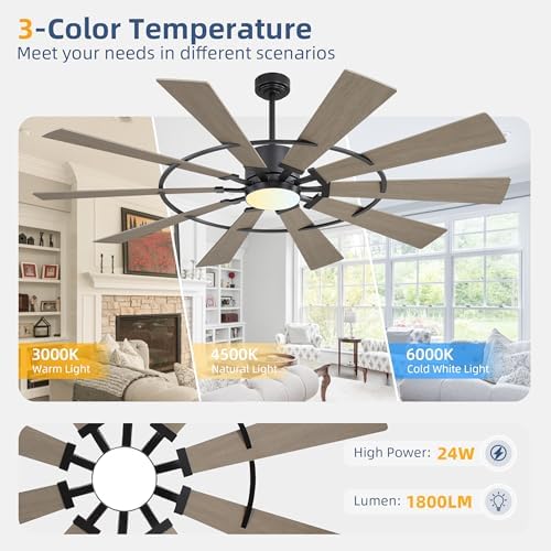 WINGBO 84" Windmill Ceiling Fan with Lights, 3 Downrod, 6-Speed Reversible DC Motor, 3CCT, 10 Blade Indoor, alternate view 5