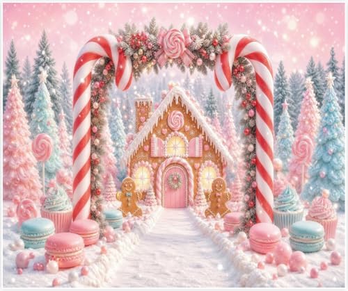 Winter Christmas Candy Cane Backdrop 10x8ft Gingerbread House Backdrops in 10x8ft