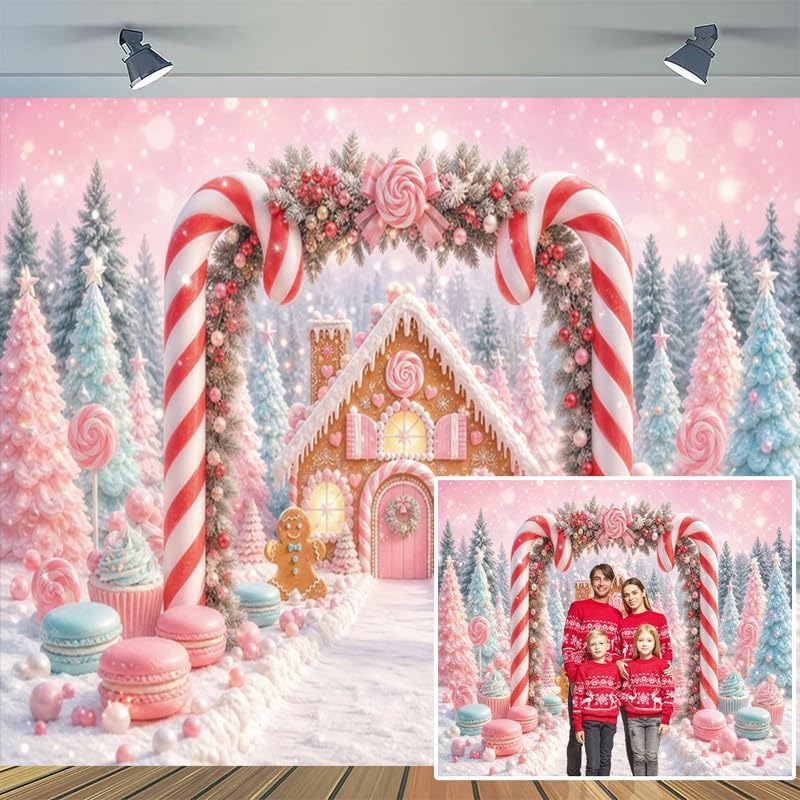 Winter Christmas Candy Cane Backdrop 10x8ft Gingerbread House Backdrops in 10x8ft, alternate view 2